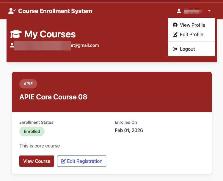 My Courses page with Edit Profile option in the account menu
