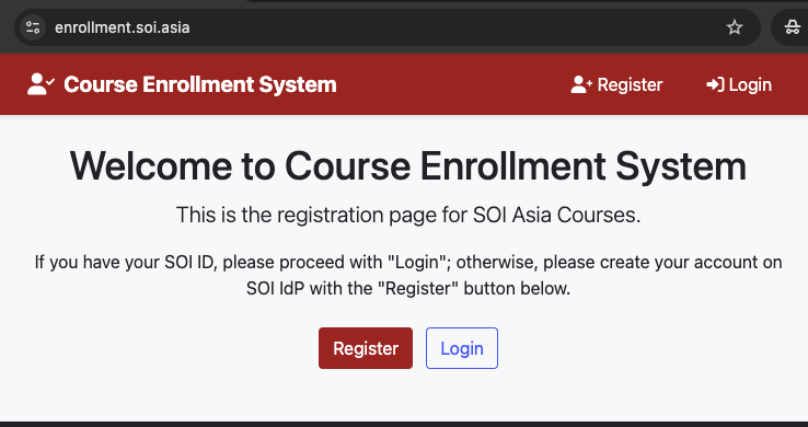 SOI Enrollment welcome page with Register and Login buttons