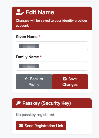 Edit Profile page with Passkey section and Send Registration Link button