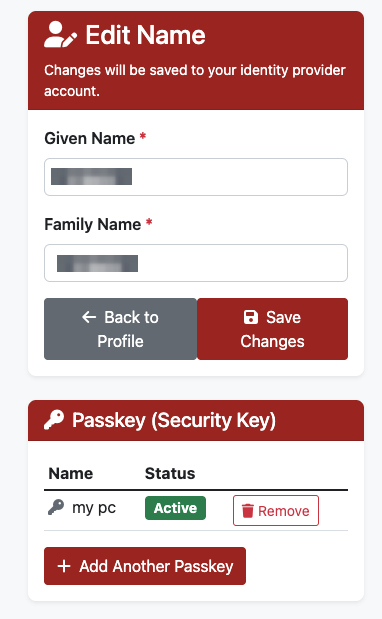 Edit Profile page showing a registered passkey with Active status and Remove option
