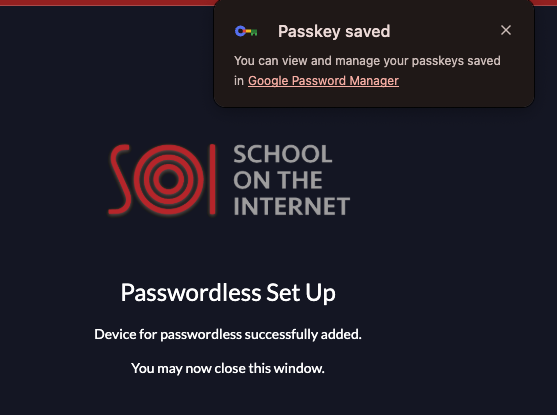 Passwordless Set Up confirmation screen