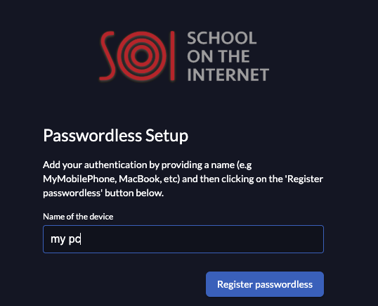 Passwordless Setup form asking for a device name