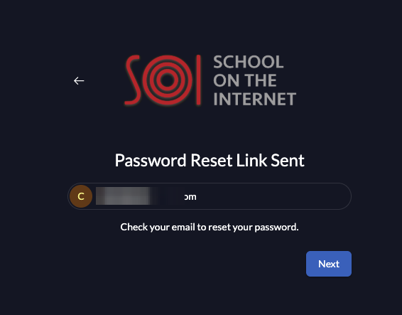Password Reset Link Sent confirmation screen