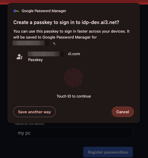 Browser prompt to create a passkey using Touch ID